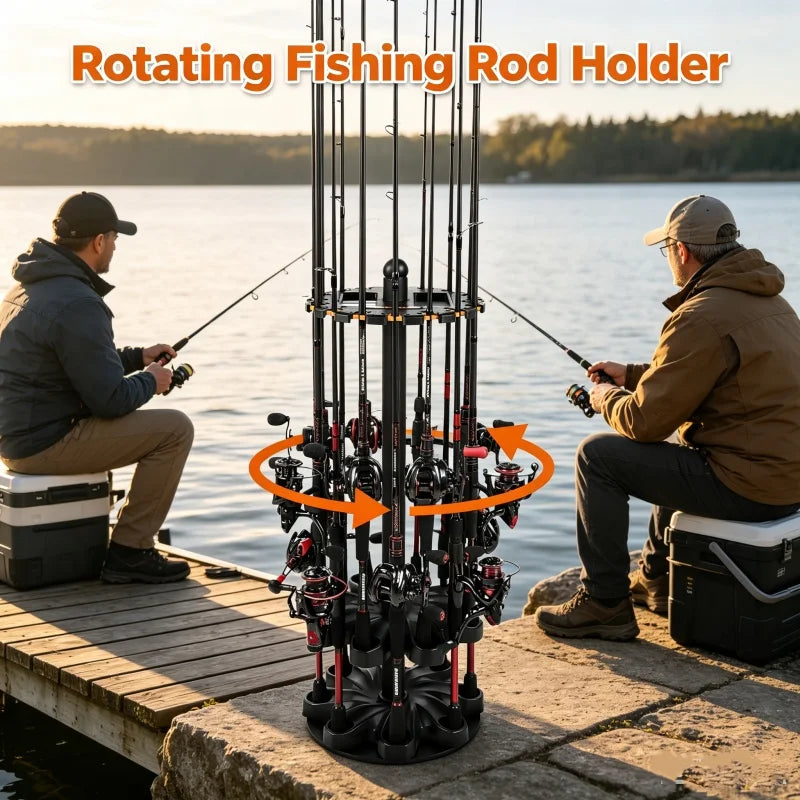 Rotating Fishing Rod Holder Storage Rack Holds Sixteen Poles Securely