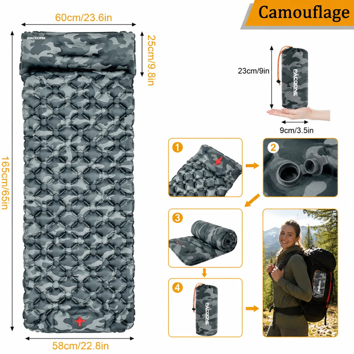 Foldable Waterproof Inflatable Air Mattress With Pillow For Camping