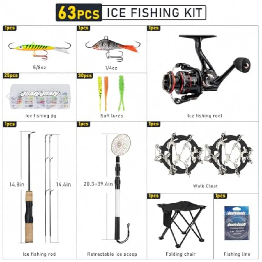 Portable Ice Fishing Rod and Reel Combo Folding Stool Kit