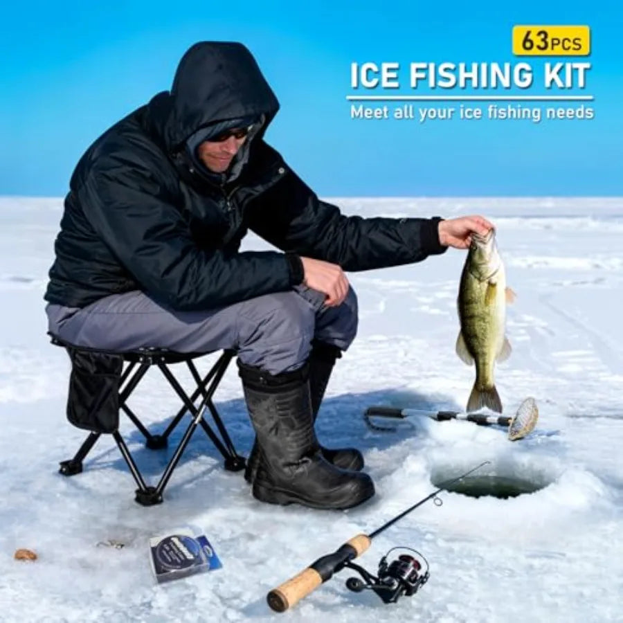 Portable Ice Fishing Rod and Reel Combo Folding Stool Kit