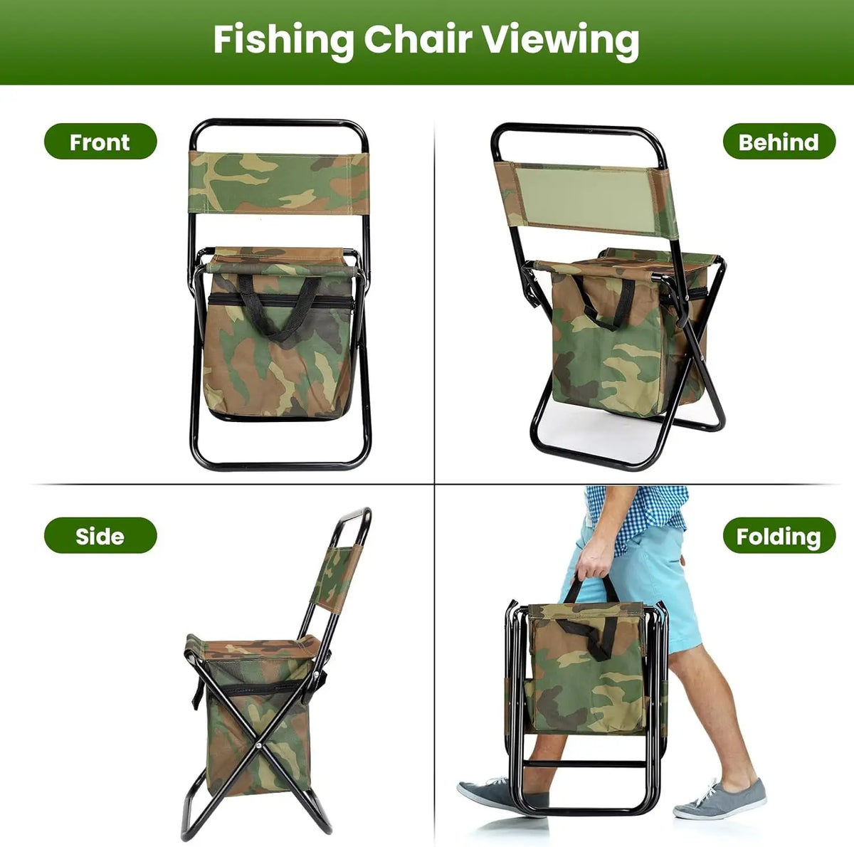 Portable Foldable Fishing Chair Featuring Integrated Cooler Bag