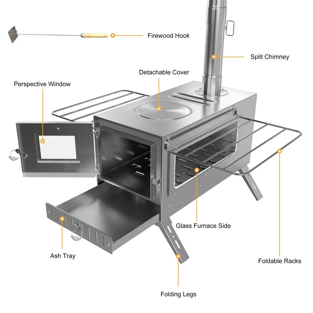 Unho Wood Stove with 6 Stainless Chimney Pipes for Tent