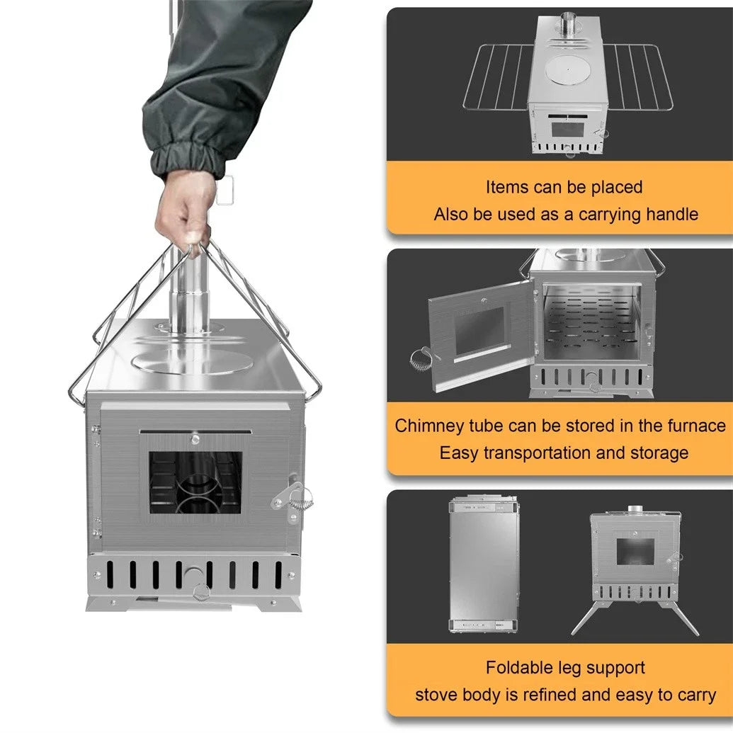Unho Wood Stove with 6 Stainless Chimney Pipes for Tent