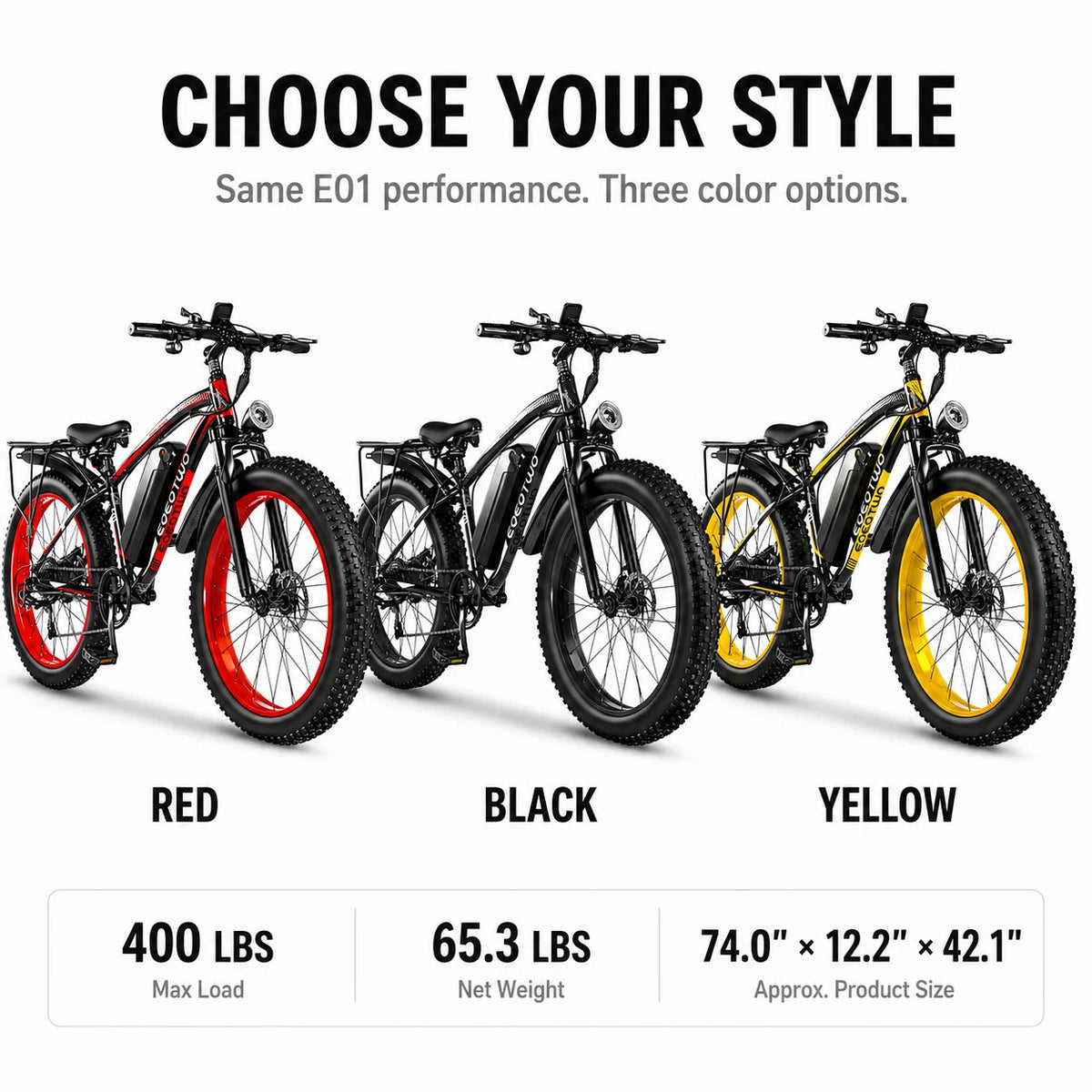 EOEOTWO 1000W Adult Fat Tire Electric Bike 48V Battery
