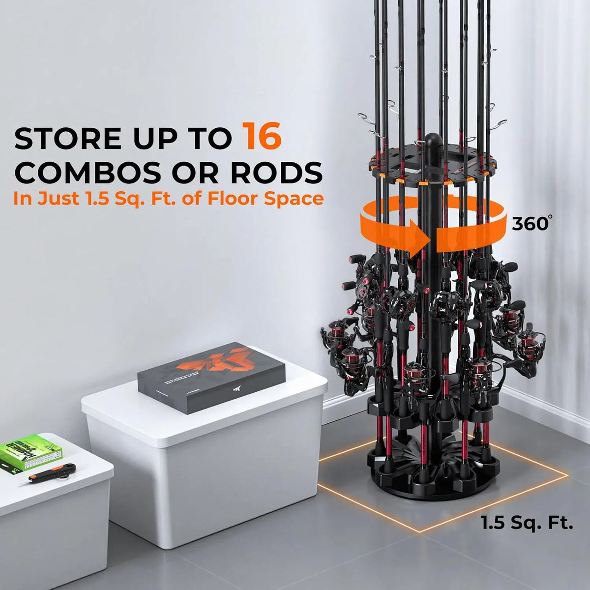 Rotating Fishing Rod Holder Storage Rack Holds Sixteen Poles Securely