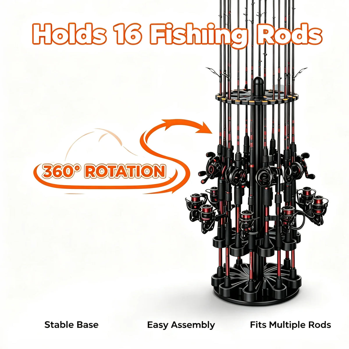 Rotating Fishing Rod Holder Storage Rack Holds Sixteen Poles Securely