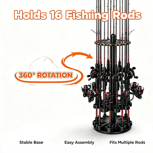 Rotating Fishing Rod Holder Storage Rack Holds Sixteen Poles Securely