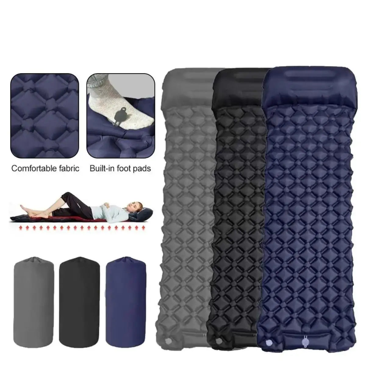 Foldable Waterproof Inflatable Air Mattress With Pillow For Camping