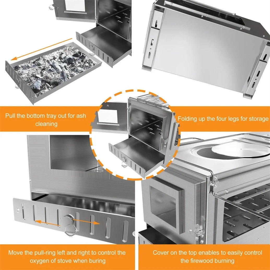 Unho Wood Stove with 6 Stainless Chimney Pipes for Tent