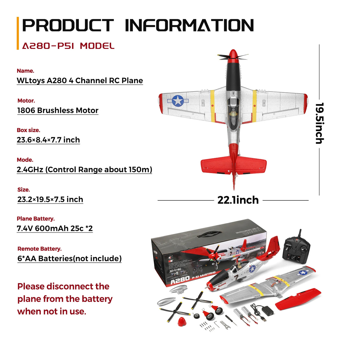 WLtoys Xk A280 P51 Brushless RC Airplane With Lights