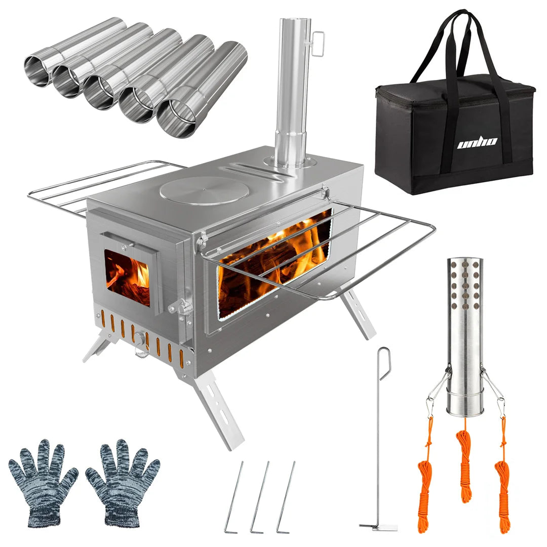Unho Wood Stove with 6 Stainless Chimney Pipes for Tent