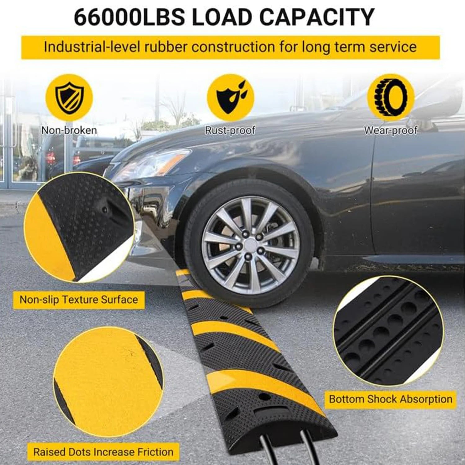6FT*2 Speed Humps With 8 Bolt, Rubber Speed Bump, Speed Bumps For Road, For Parking Lot, School, Warehouse, Rated 66000 Lbs