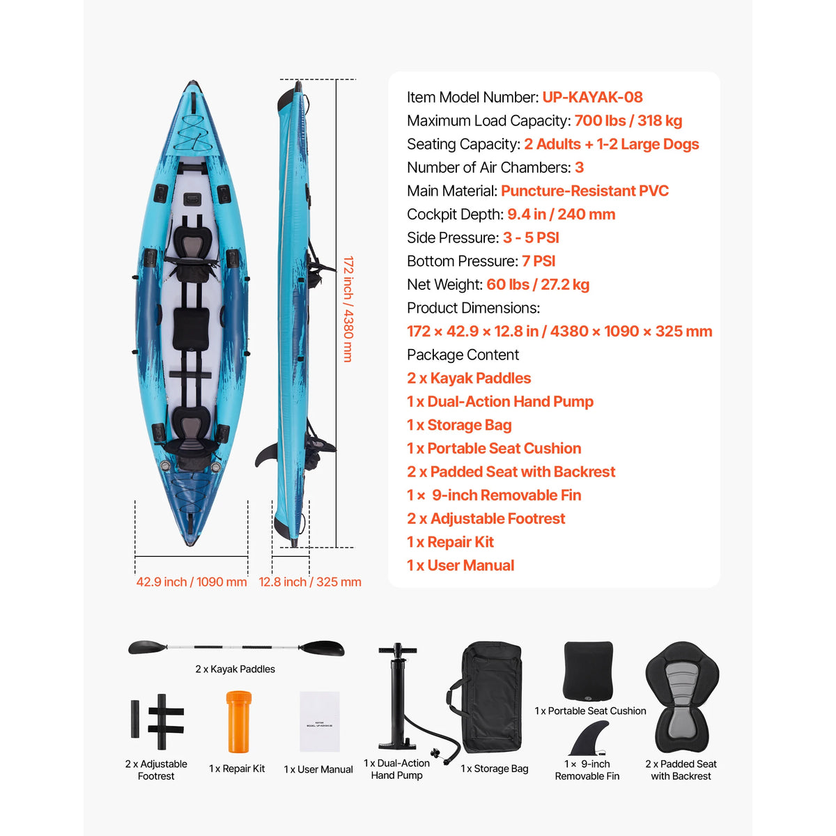 Two Person Inflatable Recreational Kayak With Padded Seats